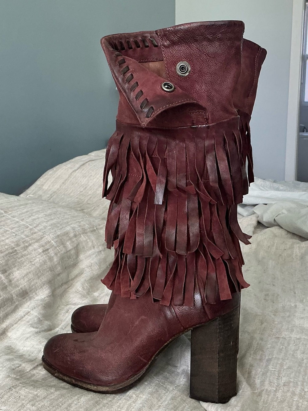 A.S.98 Burgundy Layered Fringe Mid-Calf Leather Boots - Picture 4 of 7